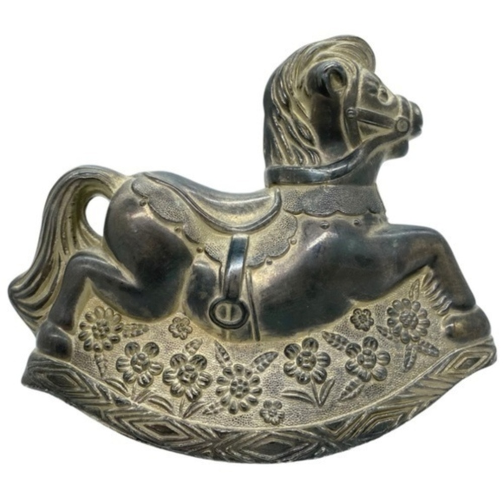 Vintage Leopard Silver Plated Rocking Horse Nursery Piggy Coin Bank